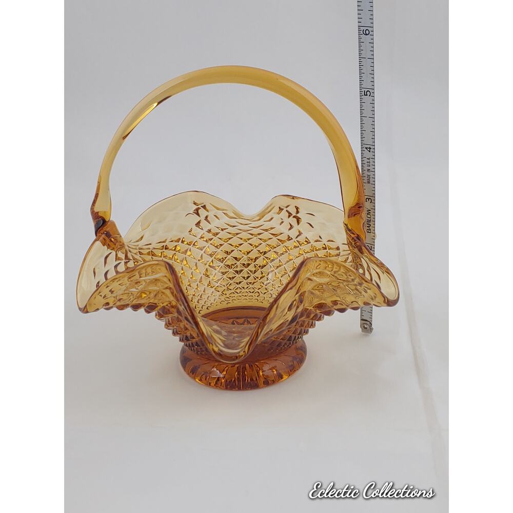 Vintage Indiana Glass Amber Basket Diamond Point Ruffle Edge Applied Handle
